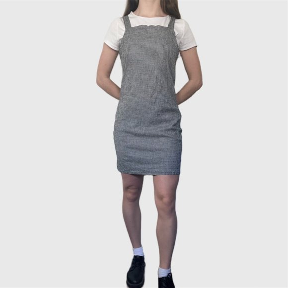 Vintage 90s Black Dress, 1990s Black White Checkered Mini Dress - Picture 3 of 8